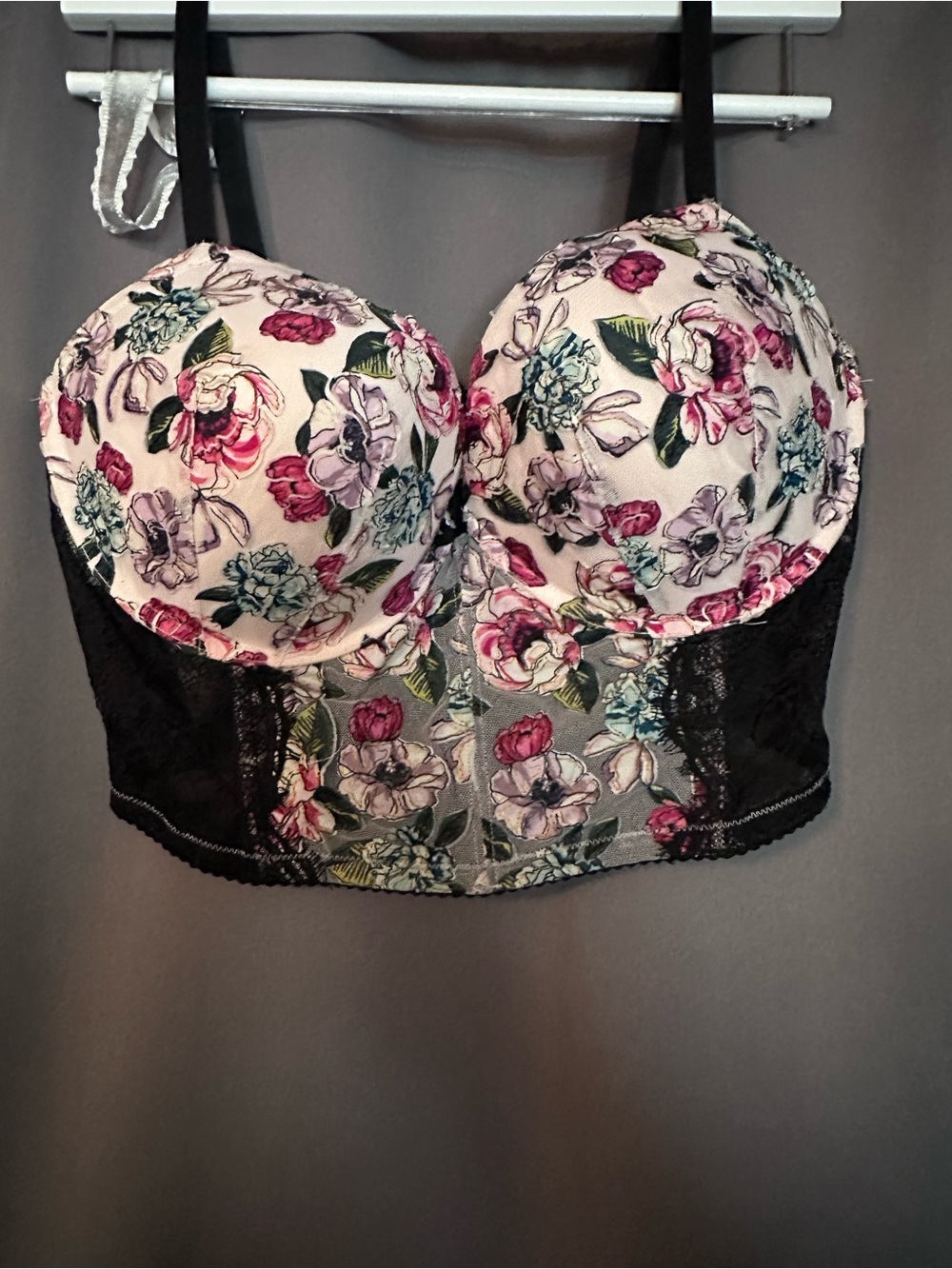 Victoria's Secret Floral Longline Bustier Bralette in Cream, Pink and Black